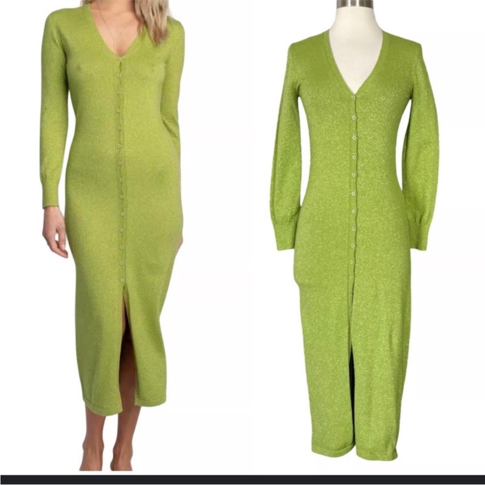 RESA Lime Green Spring Sweater Knit Dress Size Medium Metallic